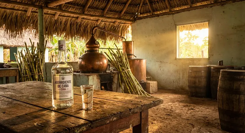 Bottle of Cuban sugarcane aguardiente with shot glass on rustic wooden table with sugarcane stalks in background