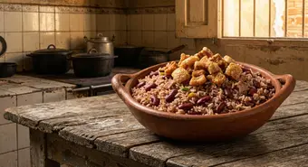 Bowl of Cuban congrí oriental with red beans and rice in a clay pot. AI-generated illustration.