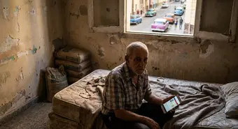 Deported Cuban man sitting alone in a deteriorated apartment in Cuba