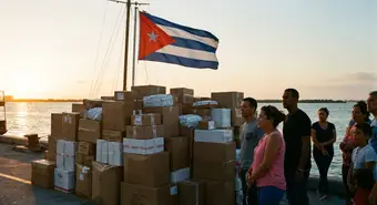 Shipping boxes stacked at the Port of Miami with the Cuban flag in the background