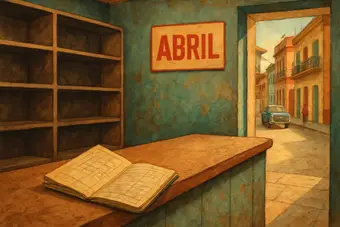 Cuban bodega with a ration book and a sign reading April, representing the end of product subsidies