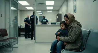 Refugee family in waiting room with ICE officers in background, depicting new DHS detention policy