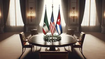 Flags of Mexico, Cuba and the United States on a diplomatic background representing mediation
