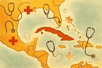 Map of the Caribbean with fading medical symbols representing the cancellation of Cuban medical missions