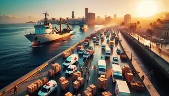 Illustration of a humanitarian convoy arriving at Havana's Malecón with boats and aid supplies