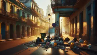 Piles of uncollected garbage on a Havana street corner with colonial buildings in the background