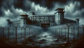 Illustration of a Cuban prison with high walls and barbed wire under a somber sky