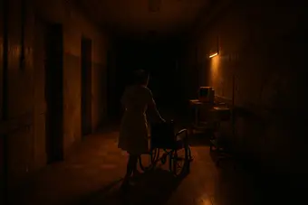 Cuban hospital corridor with emergency lighting during a blackout