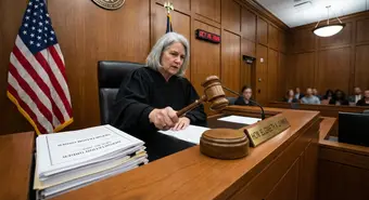 Federal judge's gavel in courtroom with American flag and deportation documents