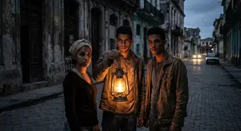Three young Cubans in a dark street of Havana, illuminated by a lantern during a blackout, symbolizing resilience amid the crisis.