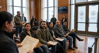 Cuban migrants holding I-220A documents in federal court building, hope and legal uncertainty