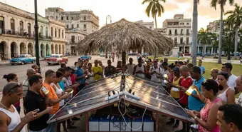 Personas cargando dispositivos en una estación solar en La Habana durante un apagón