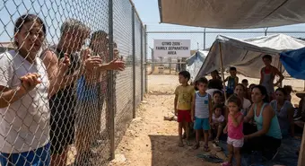 Cuban migrants at Guantanamo Bay naval base detention center, separated by chain-link fences