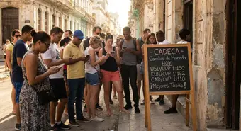 Personas en Cuba revisando tasas de cambio en sus teléfonos móviles frente a un cartel de precios informal.