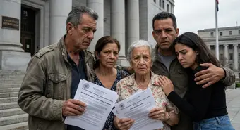 Cuban family holding legal documents about CHNV program termination, worried expressions, US courthouse background
