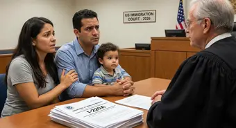 US immigration court hearing with Cuban migrants and visible I-220A documents, showing legal hope and uncertainty