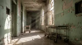 Deteriorated corridor of a Cuban hospital with poor lighting and lack of resources.