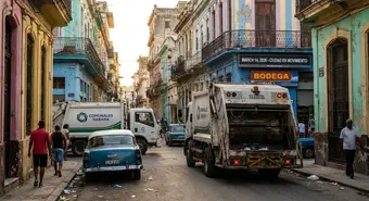 Camiones de recogida de basura modernos operando en una calle colonial de La Habana, Cuba.