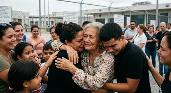Elderly Cuban woman embracing her family after being released from ICE detention