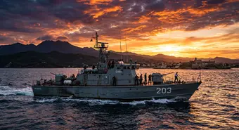 Patrulla militar costera en el litoral cubano durante el atardecer