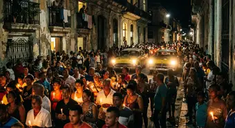 A Cuban family at a symbolic legal crossroads — one path leads to a green card and the American flag, another into uncertainty; scales of justice and Cuban flag motifs in the background