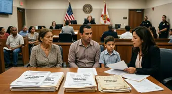 Cuban immigrants at US immigration court hearing with legal documents