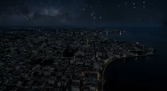 Night aerial view of Havana plunged into total darkness during a massive blackout