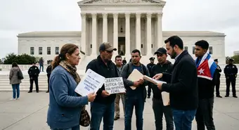 Cuban migrants outside Supreme Court building with parole legal documents and 2026 deportation concerns