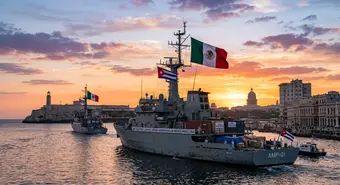 Mexican Navy ships arriving at Havana harbor with humanitarian relief kits at dusk.