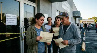 Cuban migrants at immigration office with closed doors and rejection letters