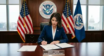 Kristi Noem signing documents to revoke protections for Cuban migrants in a government office