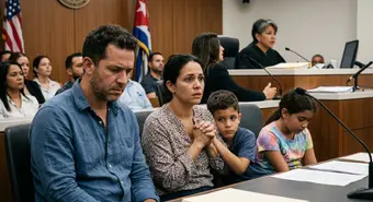 Solicitantes de asilo cubanos en audiencia de corte de inmigración, expresiones preocupadas, ambiente legal de 2026