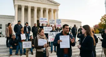 Migrantes cubanos con documentos I-220A en los escalones de la Corte Suprema de Estados Unidos durante procedimiento legal en 2026
