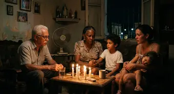 Cuban family in a dimly lit living room with candles during a blackout, emotional and realistic atmosphere.