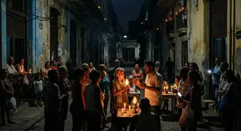 Havana street in total darkness during a blackout, with people using candles and oil lamps.