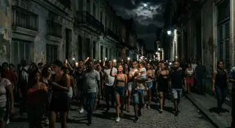 Crowd on a Havana street during a nighttime blackout, with mobile phone lights and colonial architecture in the background.