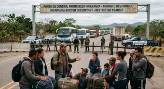 Puesto de control fronterizo nicaragüense con migrantes cubanos con equipaje mostrando incertidumbre