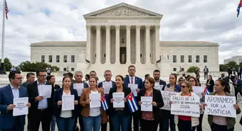 Supreme Court building with Cuban migrants holding legal documents