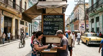 Blackboard showing informal exchange rates on a street in Havana under the midday sunshine.