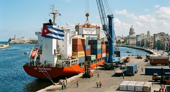 A large cargo ship unloading supplies at Havana harbor under a clear sky.