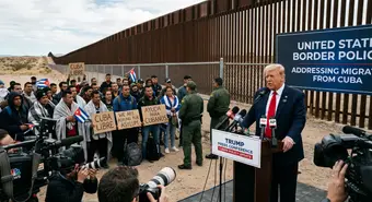 Trump at press conference speaking about Cuba policy while Cuban migrants wait at the border