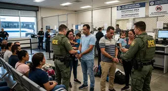 ICE agents conducting an arrest operation of Cuban migrants at an immigration facility