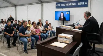 Cuban immigrants at CBP One immigration court hearing, judge reviewing deportation orders in immigration court