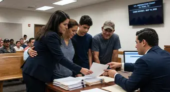 Cuban migrants at immigration court hearing reviewing documents with lawyers, reflecting hope and legal uncertainty