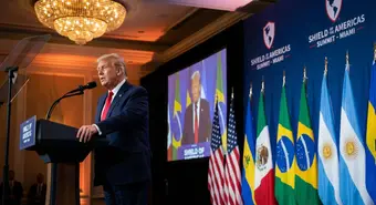 Donald Trump at the Shield of the Americas summit in Miami with flags in the background