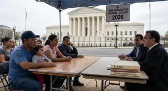 Cuban migrants at US immigration court hearing with I-220A documents and Supreme Court building in background
