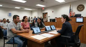 Cuban migrants with lawyer at immigration court hearing, CBP One documents on desk
