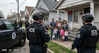 ICE agents in tactical gear during immigration enforcement operation with concerned Cuban migrants in residential area