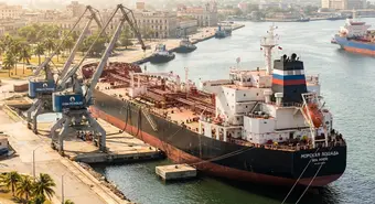Russian oil tanker Sea Horse unloading fuel at Havana port under tropical sunlight