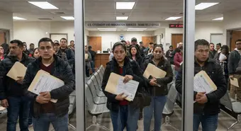 Cuban migrants waiting at USCIS office with work authorization documents, worried expressions